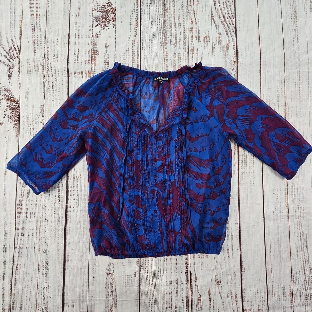 Express Abstract Print Tie Neck Sheer Elastic Hem Peasant Top XS
